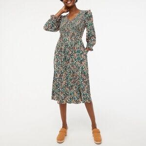J. Crew V-Neck Smocked Green Floral Midi Dress